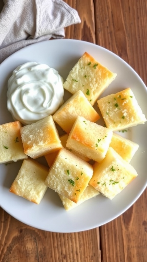 Fluffy Cloud Bread with Greek Yogurt Recipe Fluffy cloud bread pieces served with Greek yogurt on a rustic plate.